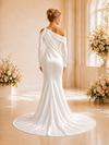 ChicSew Unique Mermaid One Shoulder Ruched Long Sleeves Satin Maxi Wedding Dresses With Train