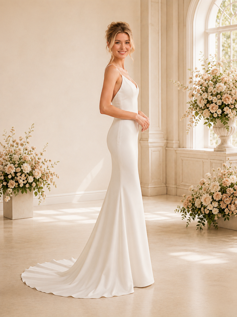 ChicSew Fancy V-Neck Spaghetti Straps Satin Mermaid Floor-Length Wedding Dress