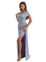 Elegant Cold Shoulder Side Split Mermaid Ruched Satin Long Bridesmaid Dresses Online