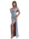 Elegant Cold Shoulder Side Split Mermaid Ruched Satin Long Bridesmaid Dresses Online