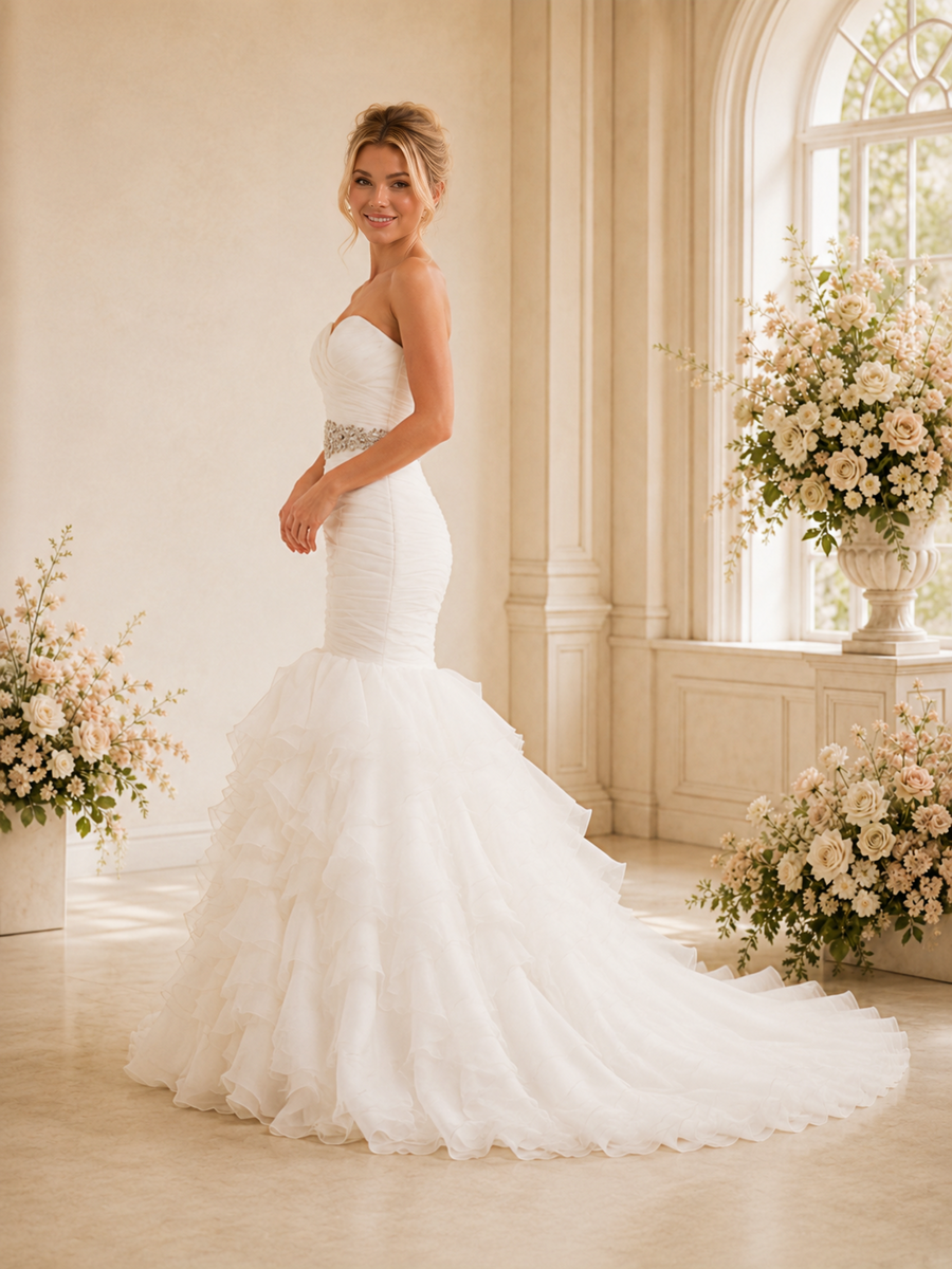 ChicSew Modern Sweetheart Mermaid Chiffon Floor-Length Pleated Ruffled Wedding Dress With Beading