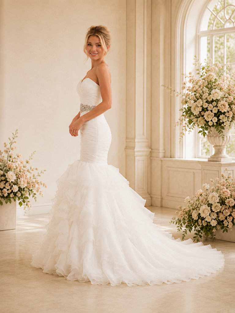 ChicSew Modern Sweetheart Mermaid Chiffon Floor-Length Pleated Ruffled Wedding Dress With Beading