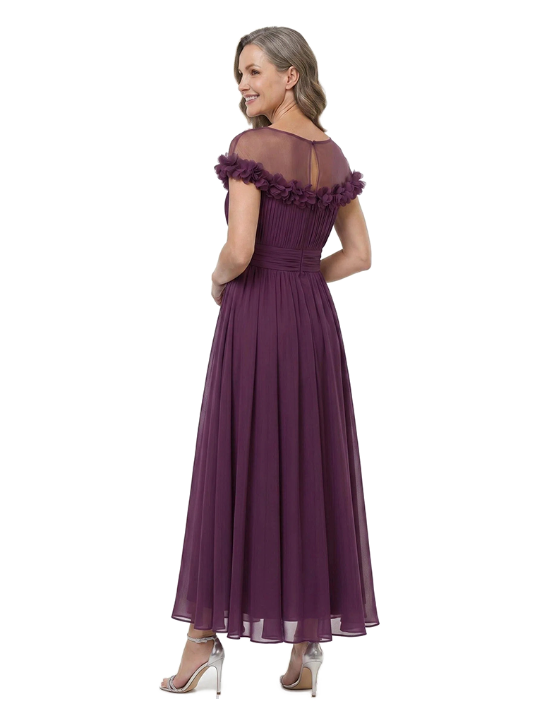 ChicSew Illusion 3D Floral Chiffon Tea‑Length Mother of the Bride Dress Short Sleeve Formal Party Gown