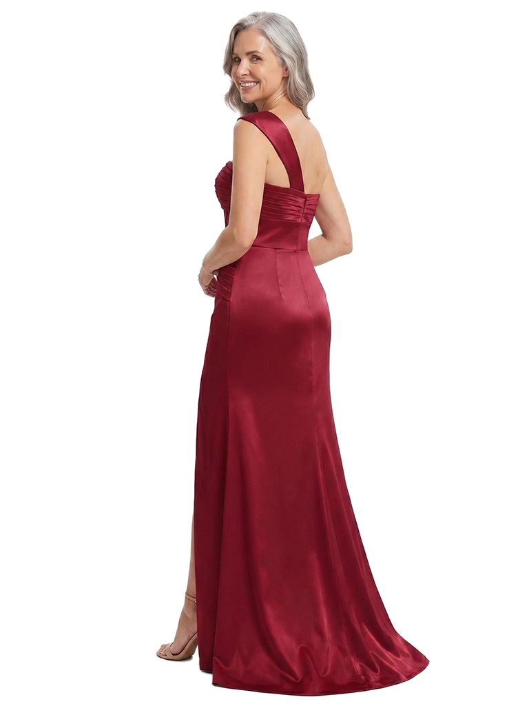 ChicSew One Shoulder Boning Side Slit Ruched Satin Floor-Length Mermaid Mother of the Bride Dress