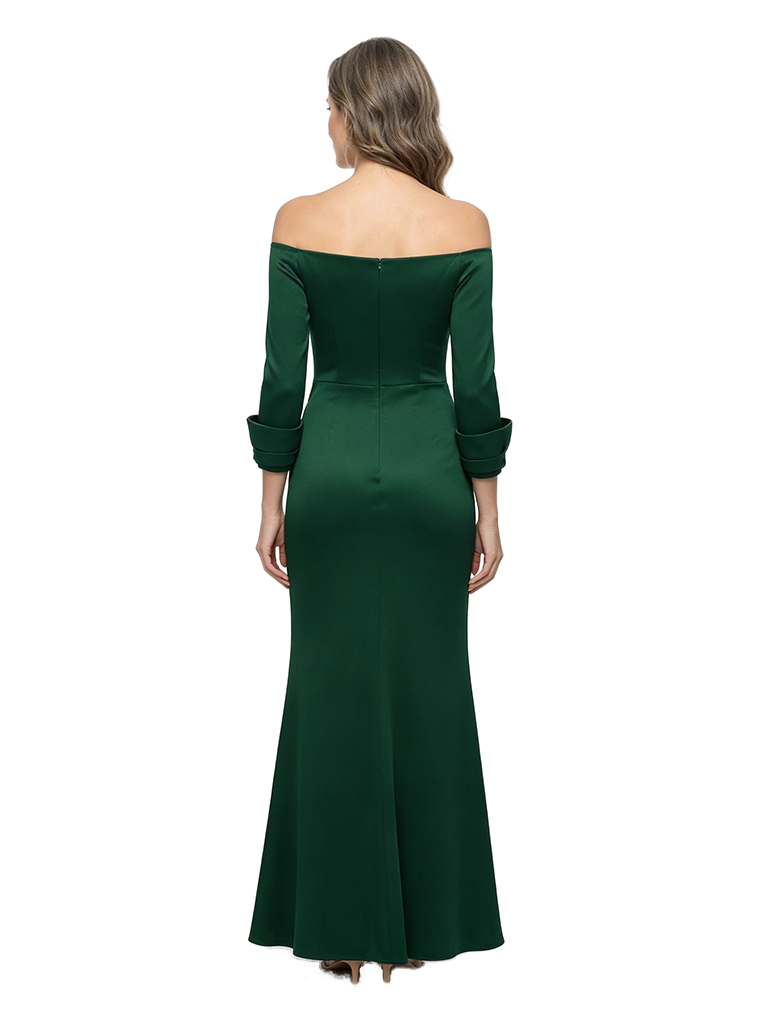 ChicSew Off The Shoulder 3/4 Sleeve Satin Ruched Waist Floor Length Mermaid Elegant Mother of the Bride Dress