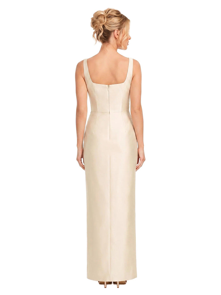 ChicSew Spaghetti Straps Square Rhiestone Ruched Slit Sheath Long Satin Evening Bridesmaid Gowns
