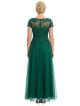 V-Neck Mother Of The Bride Dress Short Lace Sleeves Maxi Gown Formal Wedding Attire