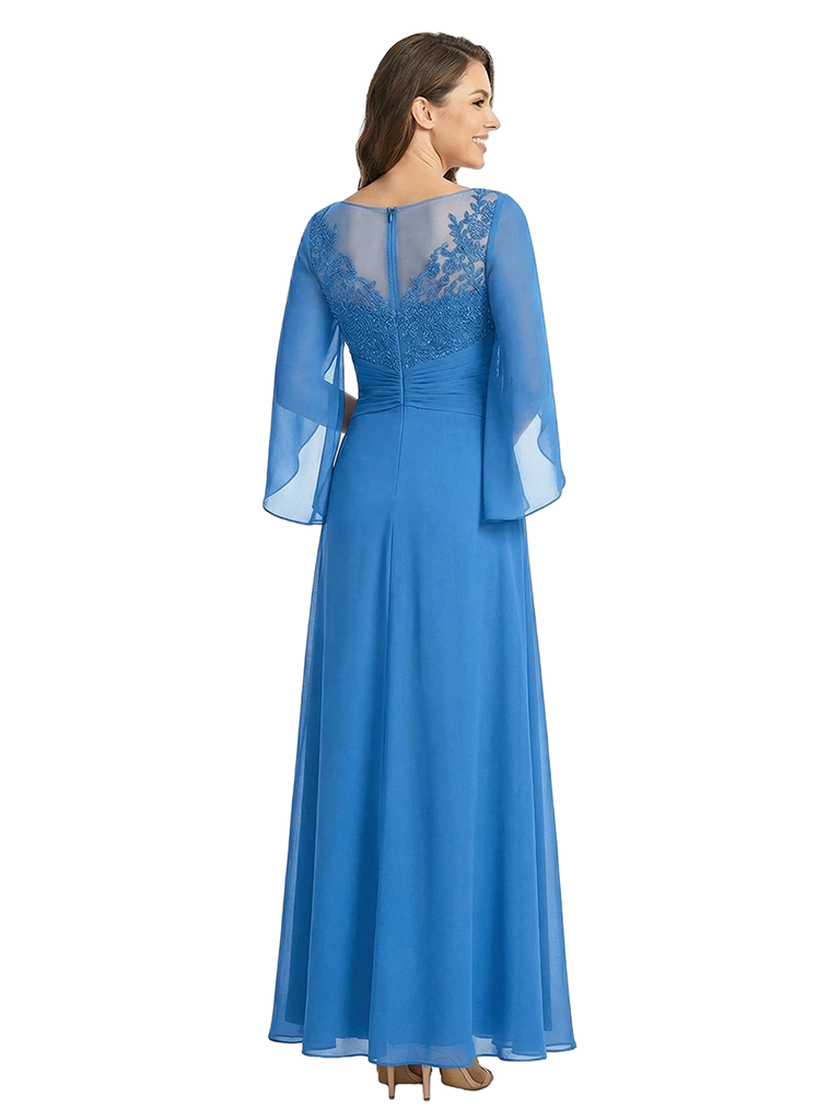 ChicSew Illusion Neck Cape Sleeve Lace Applique Ruched A-Line Long Chiffon Elegant Mom Of The Groom Dresses