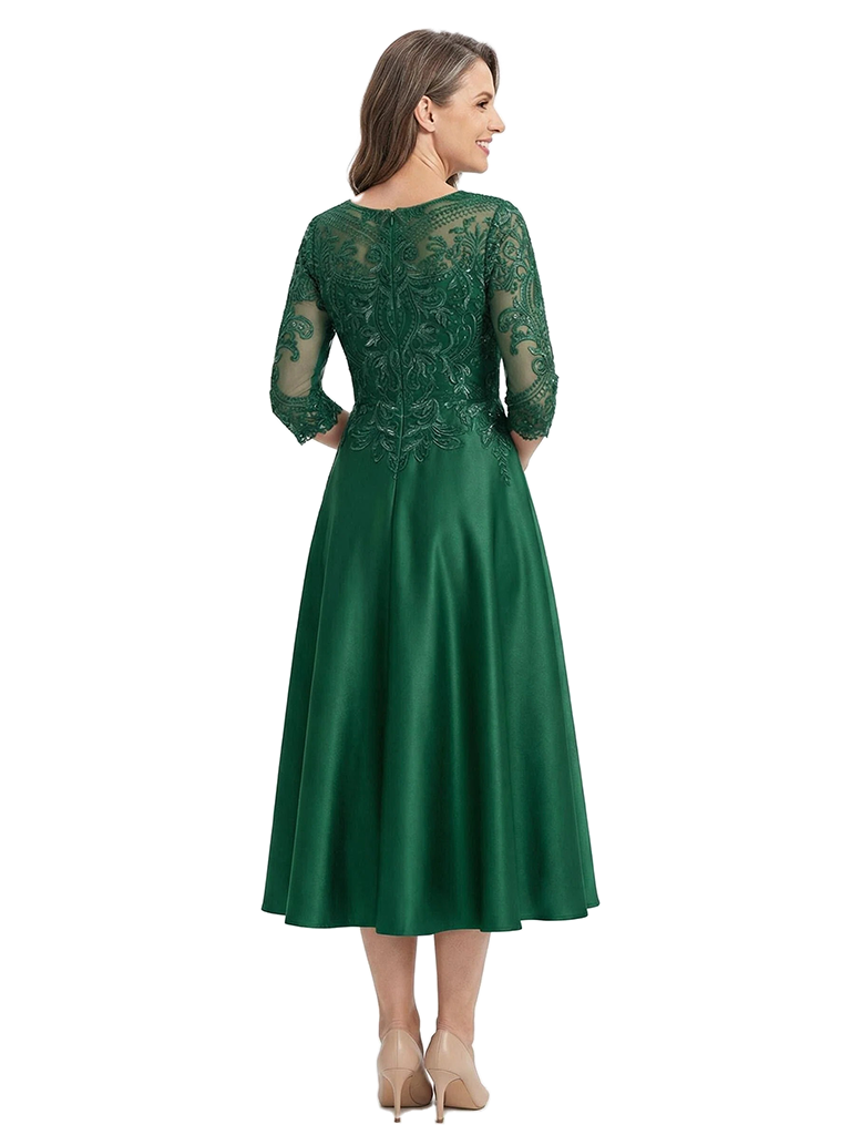 ChicSew Jewel 3/4 Sleeve Lace Applique Satin Tea Length Elegant Mother of the Bride Dresses