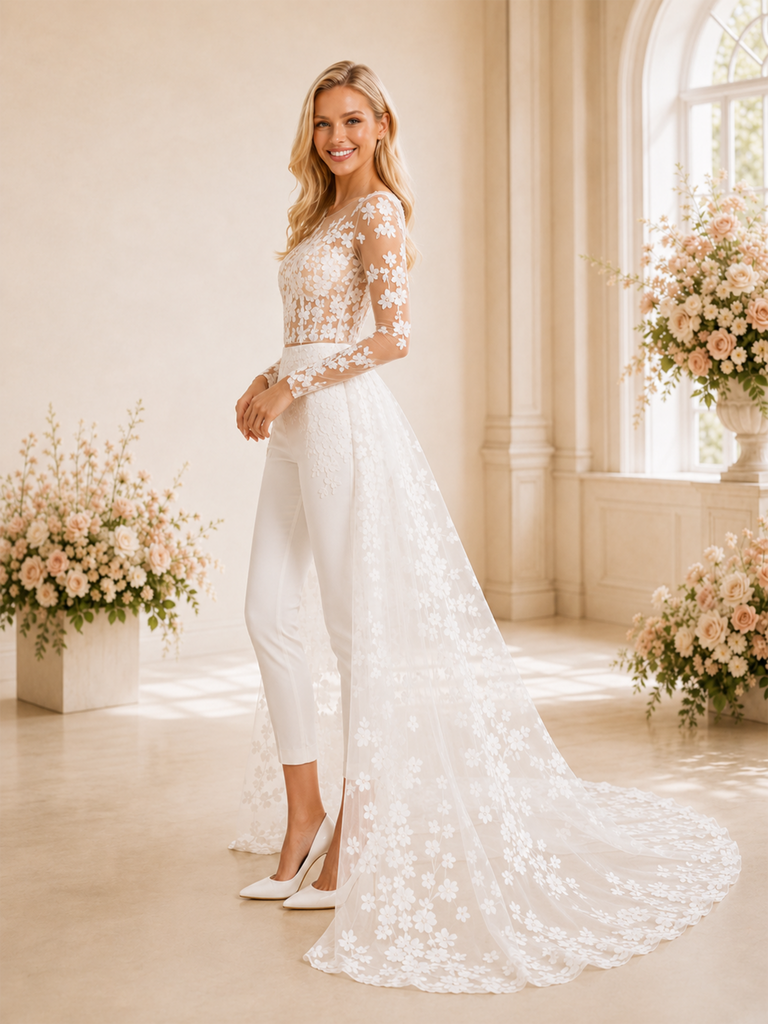ChicSew Modern Illusion Long Sleeves Two Piece Lace Tulle Wedding Outfit With Overskirt
