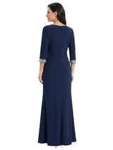 Fancy V-Neck 3/4 Sleeves A-line Mother Of The Bride Gown With Sequin Cuffs