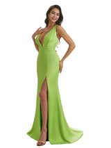 Sexy V-Neck Mermaid Satin Unique Long Bridesmaid Dresses Slit