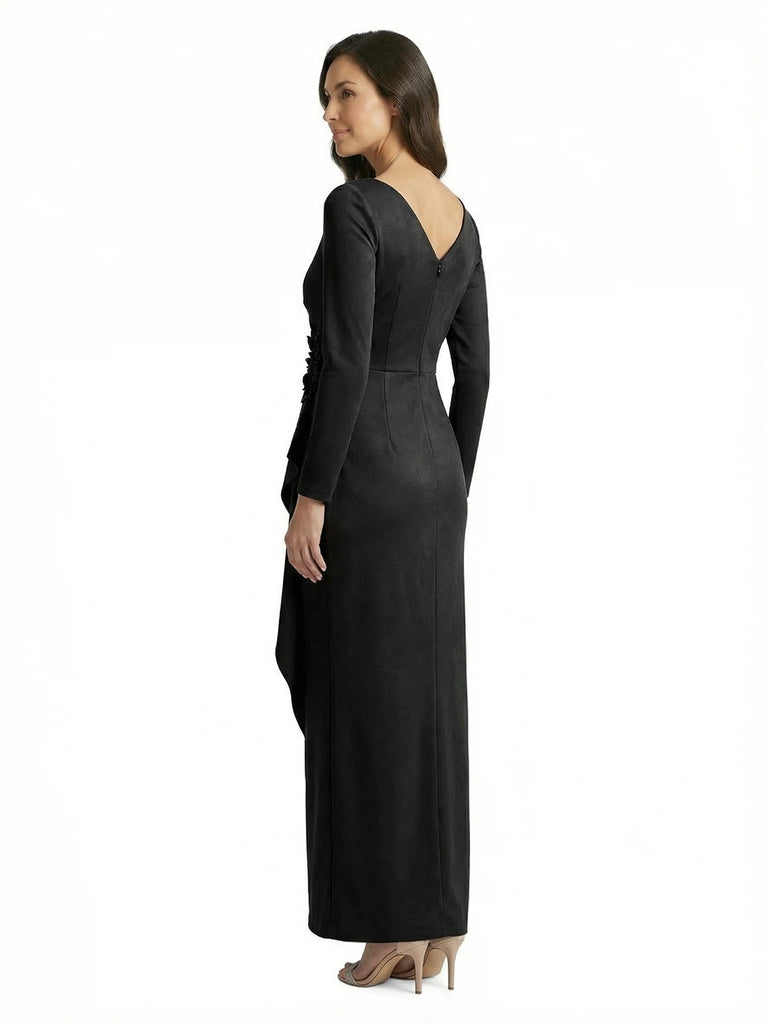 Chicsew Simple V-Neck Long Sleeves Maxi Crepe Ruched Mother of The Groom Dress