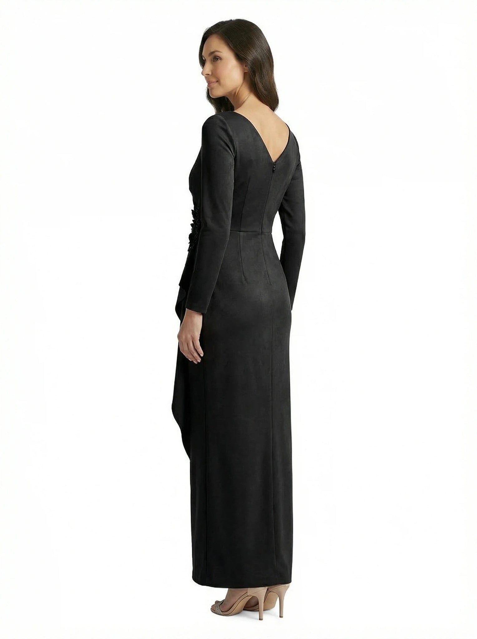 Chicsew Simple V-Neck Long Sleeves Maxi Crepe Ruched Mother of The Groom Dress