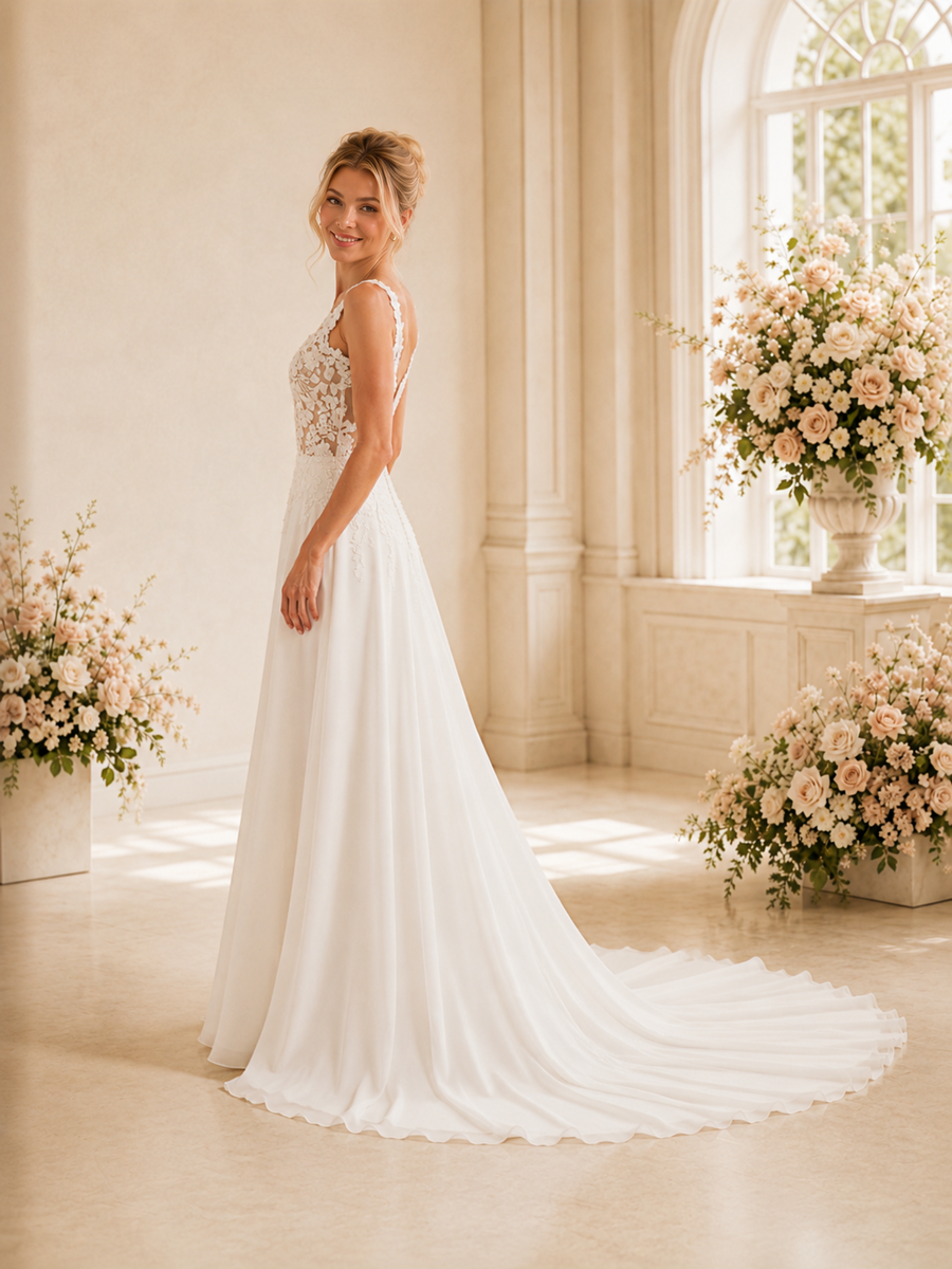 ChicSew Elegant V-Neck A-Line Lace Applique Chiffon Long Wedding Dresses With Train