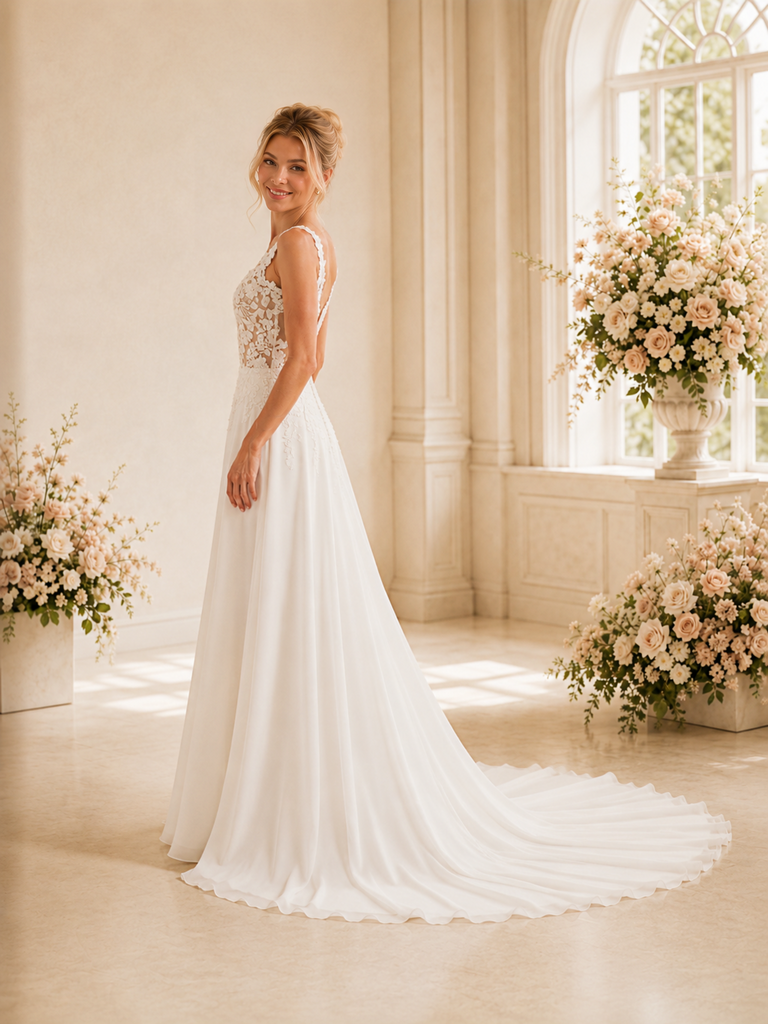 ChicSew Elegant V-Neck A-Line Lace Applique Chiffon Long Wedding Dresses With Train