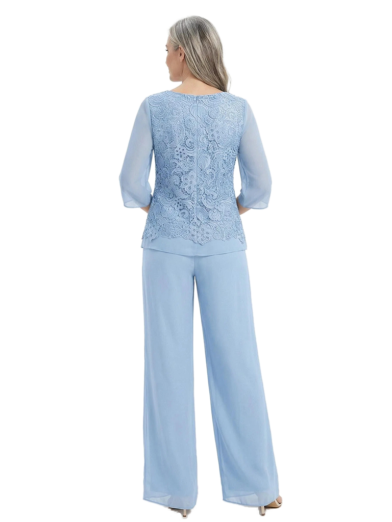 ChicSew Scoop Lace & Chiffon Long Sleeves Two Piece Pant Suit For Mother of The Bride