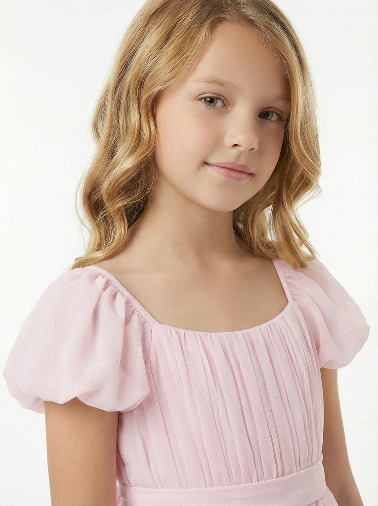 Chiffon A Line Flower Girl Dress with Square Neck Puff Sleeves and Pleated Midi Skirt