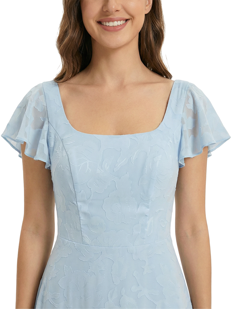 Elegant Flutter Sleeves Square Ruching Floral Burnout Chiffon A-line Formal Evening Dresses