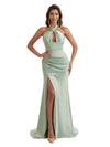 Sexy Side Split V-Neck Mermaid Ruched Satin Long Bridesmaid Dresses Slit Online