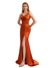 Sexy Satin Spaghetti Straps Side Split V-Neck Mermaid Long Bridesmaid Dresses