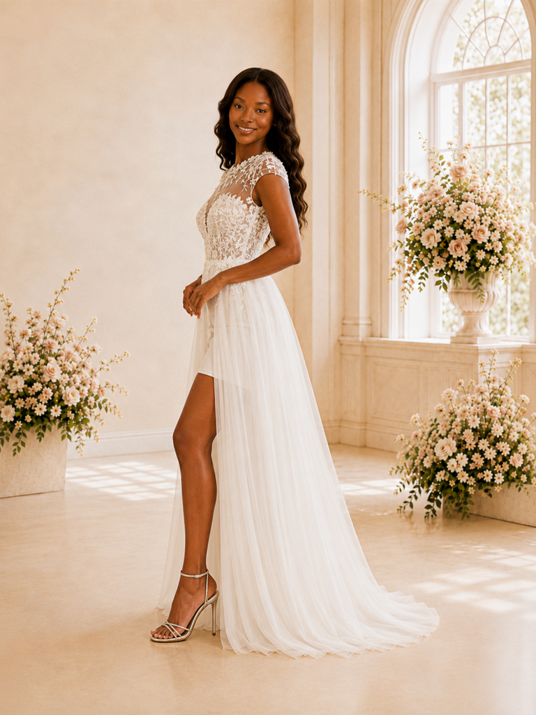 ChicSew Romantic Illusion Cap Sleeves Side Slit Tulle Sheath Wedding Dress With Lace Appliques