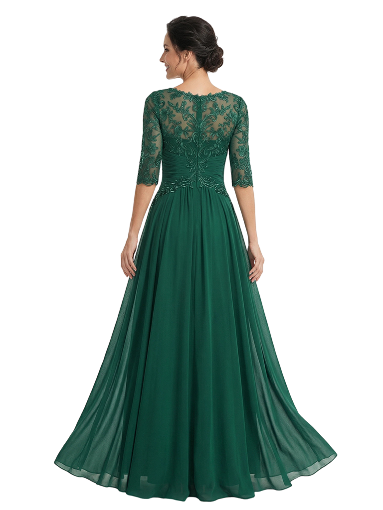 ChicSew Jewel Half Sleeve Lace Applique Ruched A-Line Floor Length Chiffon Fancy Mother of the Bride Dresses