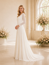 ChicSew Classy Unique Lace V-Neck Long Sleeves Chiffon A-Line Floor-Length Wedding Dress