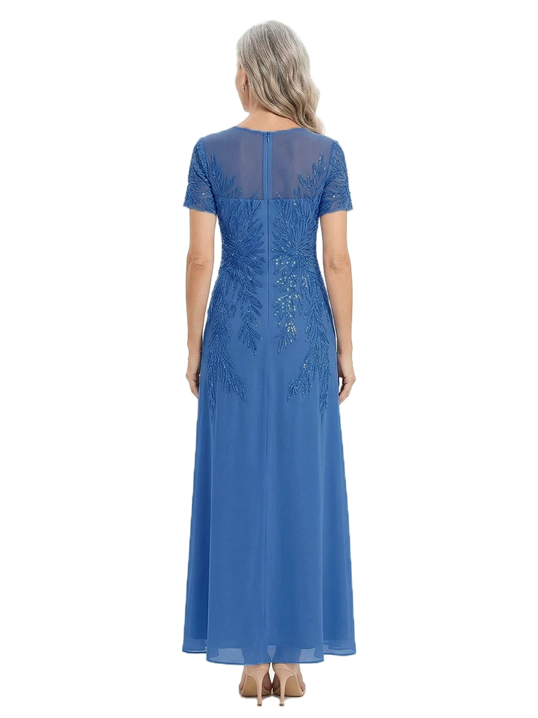 ChicSew Short Sleeves Lace Applique Mother Of The Groom Gown Jewel Chiffon Evening Dress