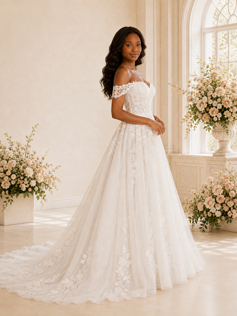 ChicSew Romantic A-Line Off The Shoulder Glitter Tulle Lace Appliques Maxi Wedding Dress