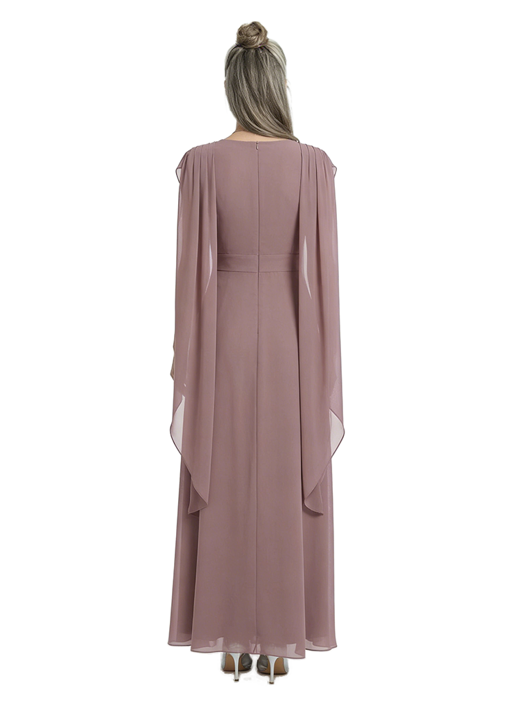 ChicSew Trendy Ruched V-Neck Mother Of The Bride Wedding Dress With Long Back Cape Sleeves Chiffon A-Line Formal Gown
