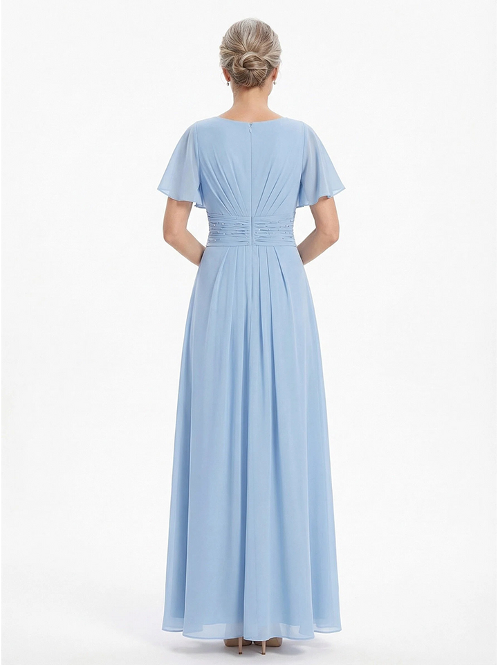 ChicSew Modern Ruched A-Line Chiffon Scoop Mother Of The Bride Gowns With Flutter Sleeves