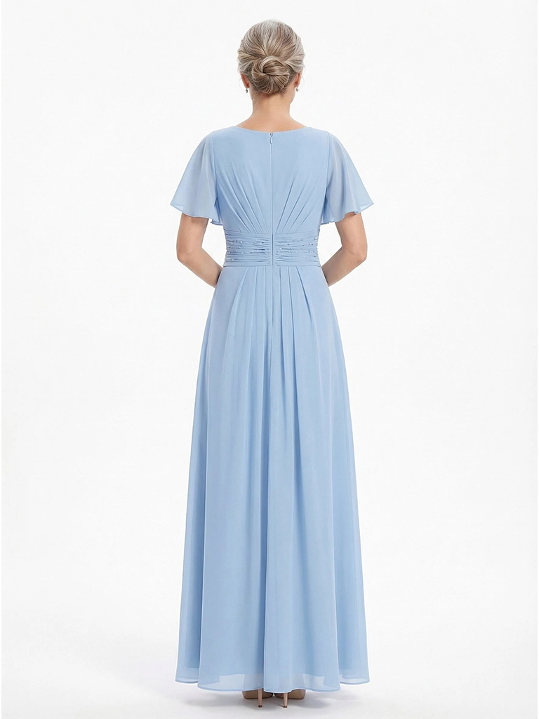 ChicSew Modern Ruched A-Line Chiffon Scoop Mother Of The Bride Gowns With Flutter Sleeves
