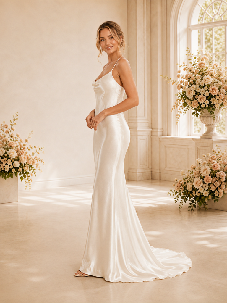 ChicSew Sexy Spaghetti Straps Mermaid Satin Floor-Length Wedding Dress