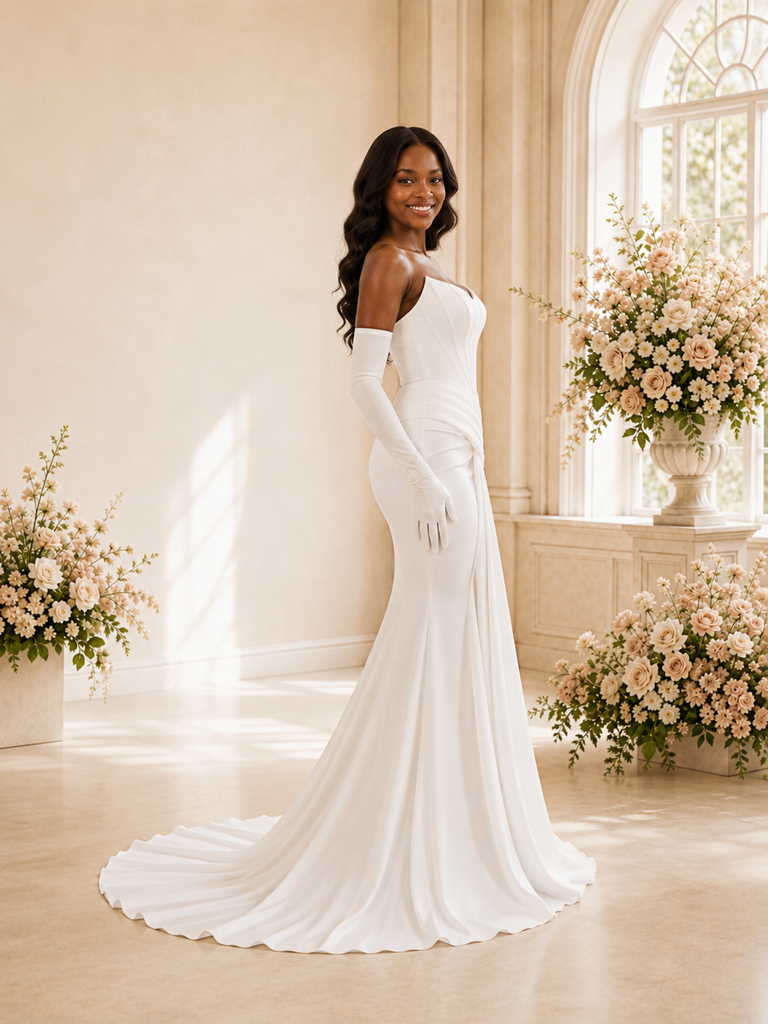 ChicSew Modern Strapless Boning Sleeveless Ruching Satin Mermaid Maxi Wedding Dress