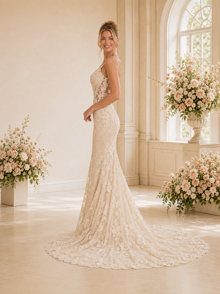 ChicSew Modern Deep V-Neck Mermaid Lace Tulle Floor-Length Wedding Dresses With Button Back