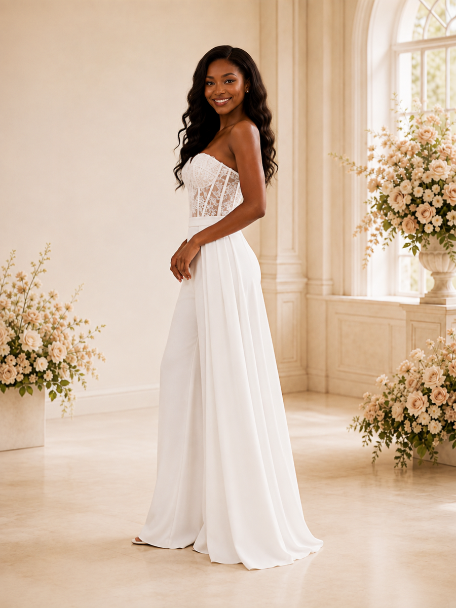 ChicSew Modern Sweetheart Boning Crepe Lace Appliques Floor-Length Wedding Jumpsuit