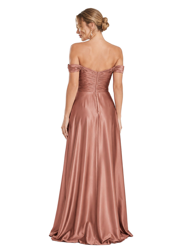 Chicsew Sexy Off Shoulder A-Line Satin Unique Long Bridesmaid Dresses