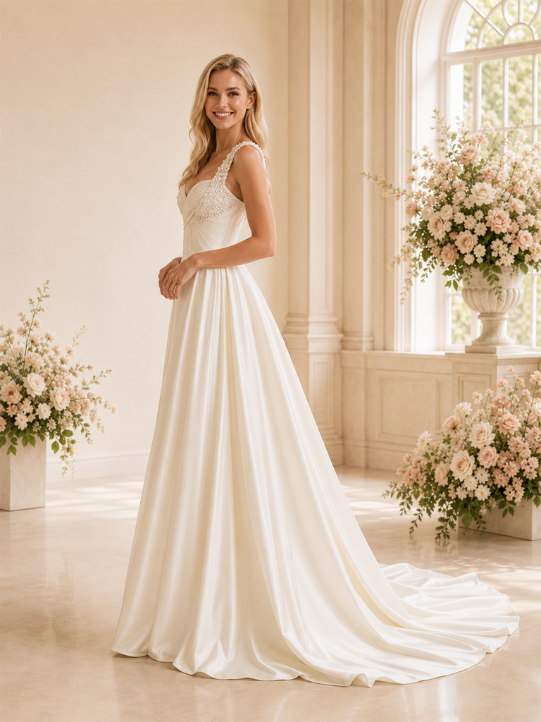 ChicSew Classic V-Neck Ruching Satin Mermaid Beaded Floor-Length Wedding Dresses With Overskirt
