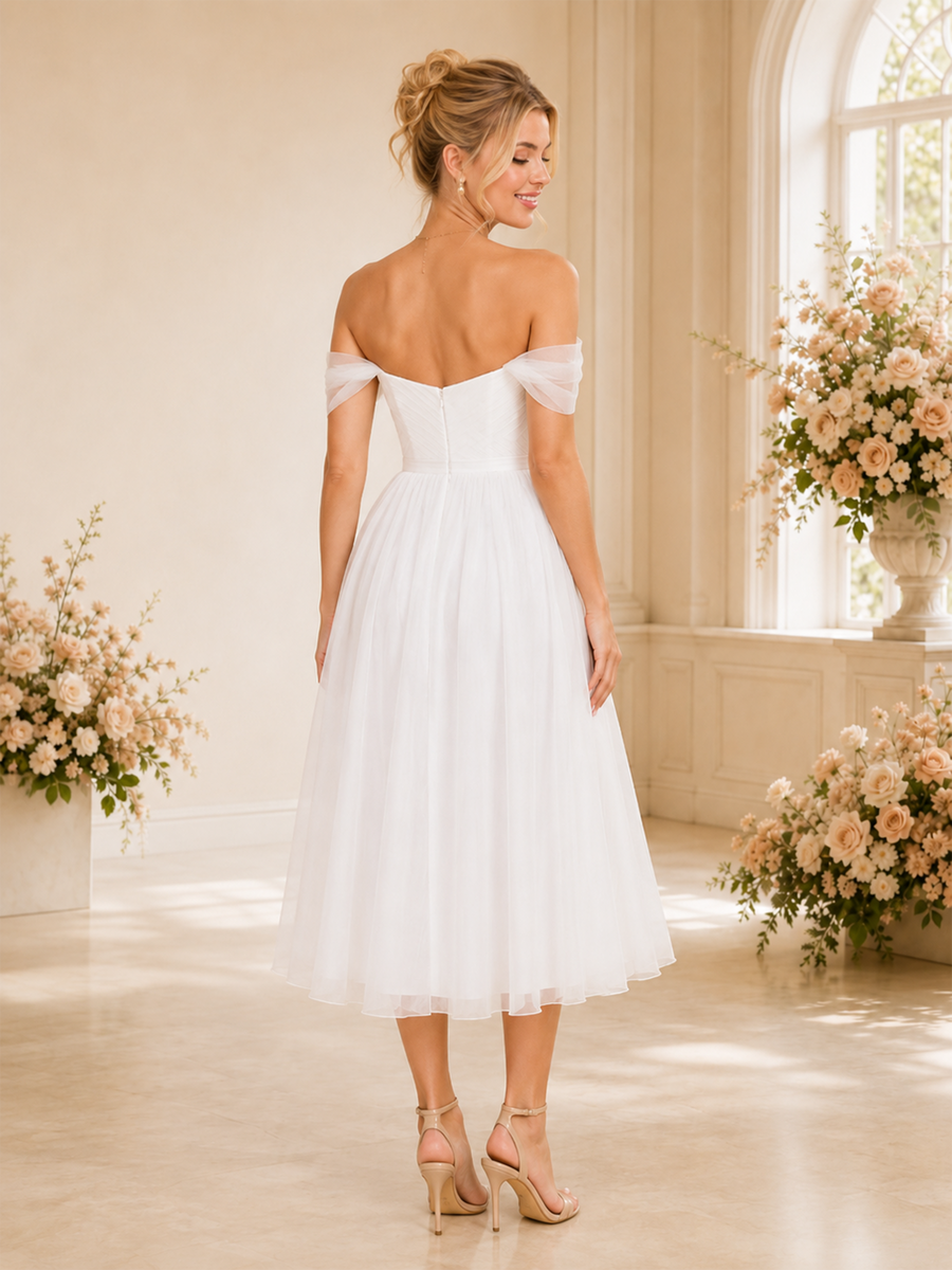 ChicSew Elegant A-line Off The Shoulder Midi Lace Tulle Wedding Dresses Online
