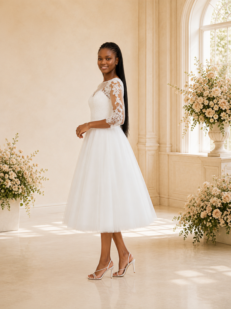 ChicSew Elegant A-Line Illusion 3/4 Sleeves Lace Appliques Tulle Tea-Length Wedding Dress
