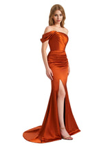Sexy Satin One Shoulder Mermaid Pleated Long Bridesmaid Dresses Side Split