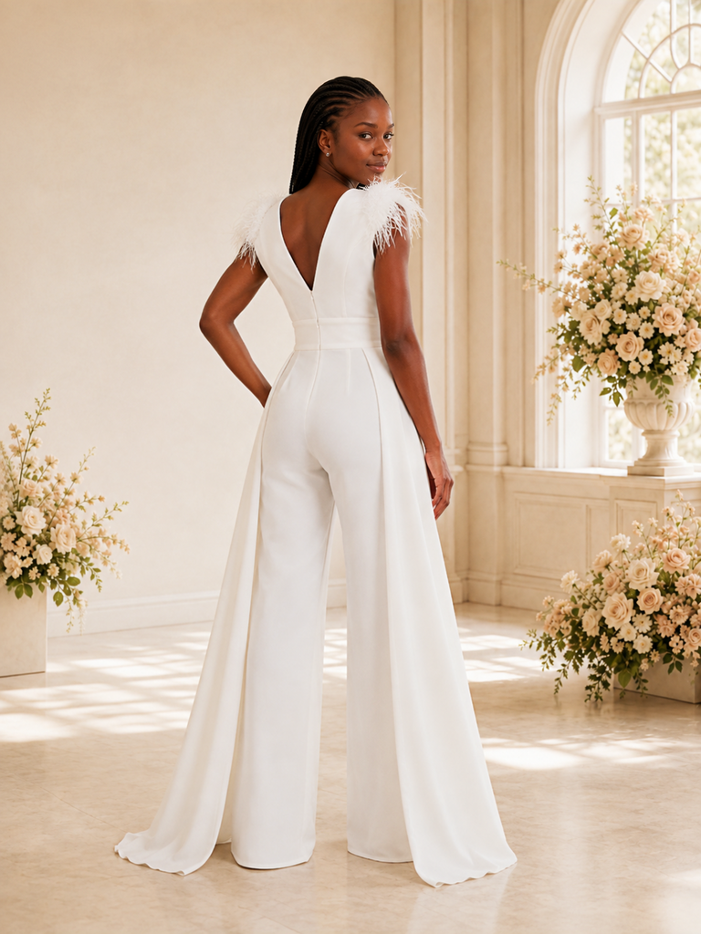 ChicSew Unique V-Neck Crepe Sleeveless Floor-Length Wedding Jumpsuit