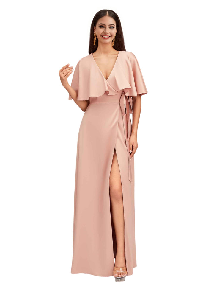 Elegant Bat Sleeves V-neck A-Line Side Slit Long Soft Satin Bridesmaid Dresses