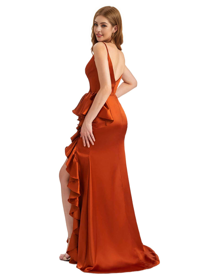 Elegant Spaghetti Straps Ruffles Silky Satin Side Slit Mermaid Boho Long Bridesmaid Dresses
