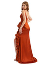 Elegant Spaghetti Straps Ruffles Silky Satin Side Slit Mermaid Boho Long Bridesmaid Dresses