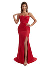 Modern Spaghetti Straps Side Split Mermaid Silky Satin Long Bridesmaid Dresses Online