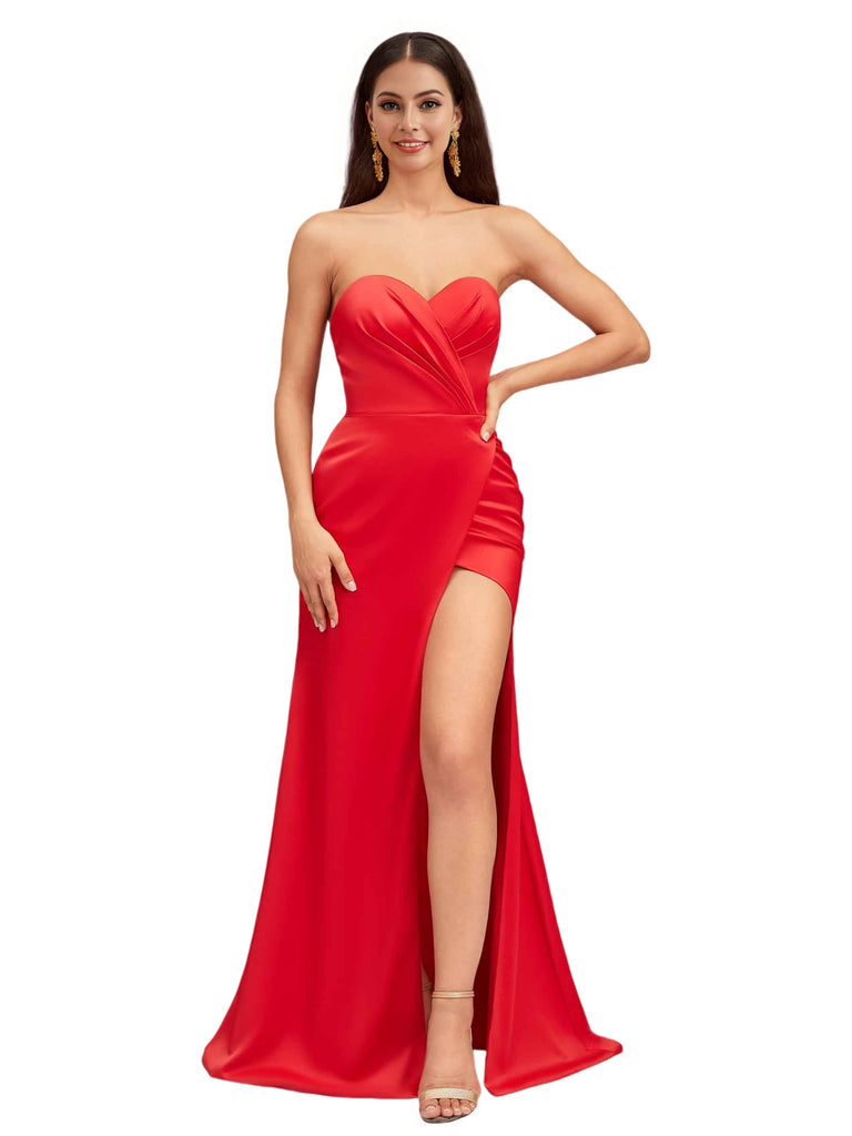 Sexy Front Slit Strapless Sweetheart Mermaid Soft Satin Long Bridesmaid Dresses Online