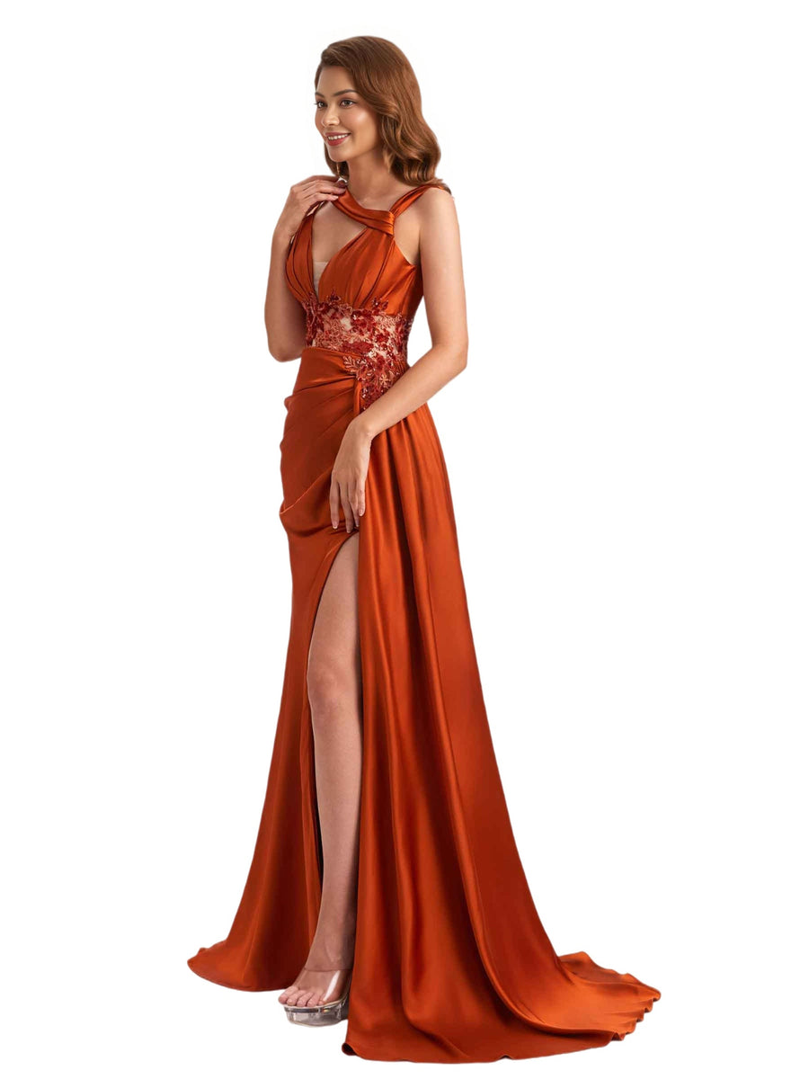 Unique Soft Satin Mermaid Lace Applique Spaghetti Straps Side Slit Long Bridesmaid Dresses Online