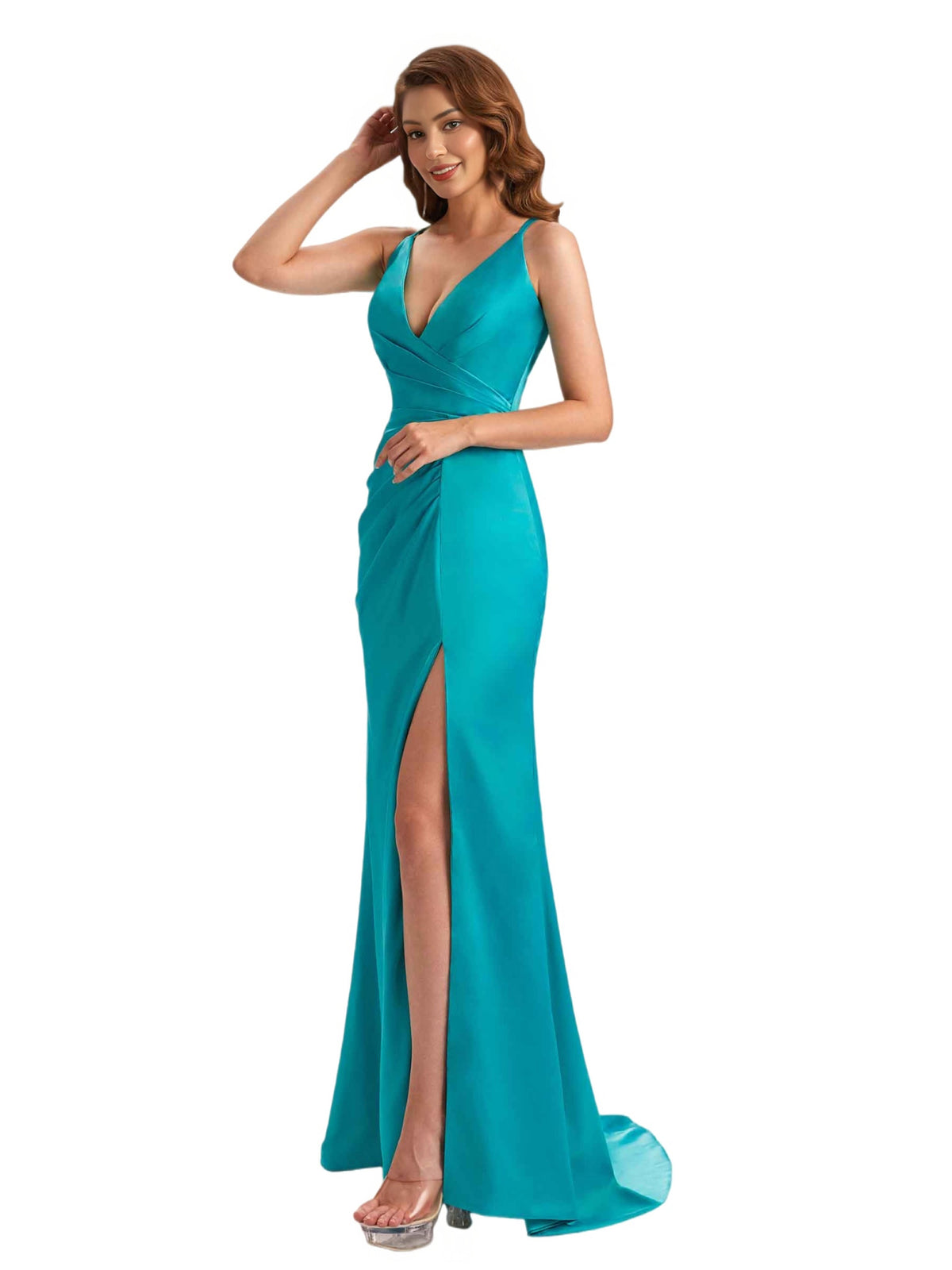 Sexy V-Neck Spaghetti Straps Mermaid Side Slit Silky Satin Long Bridesmaid Dresses Online
